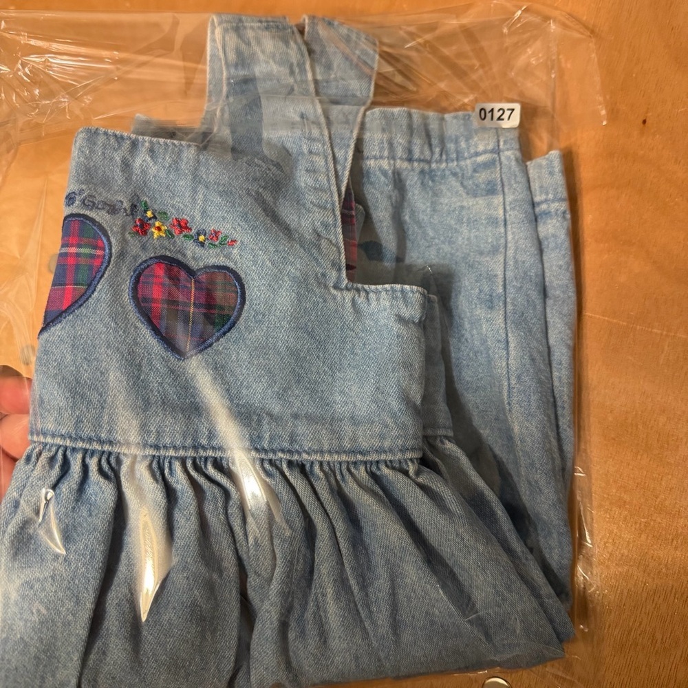 Vintage 90s Girls OSHKOSH B'Gosh Sz 5 Dress Jumper Denim Jean Plaid Hearts - Picture 12 of 12
